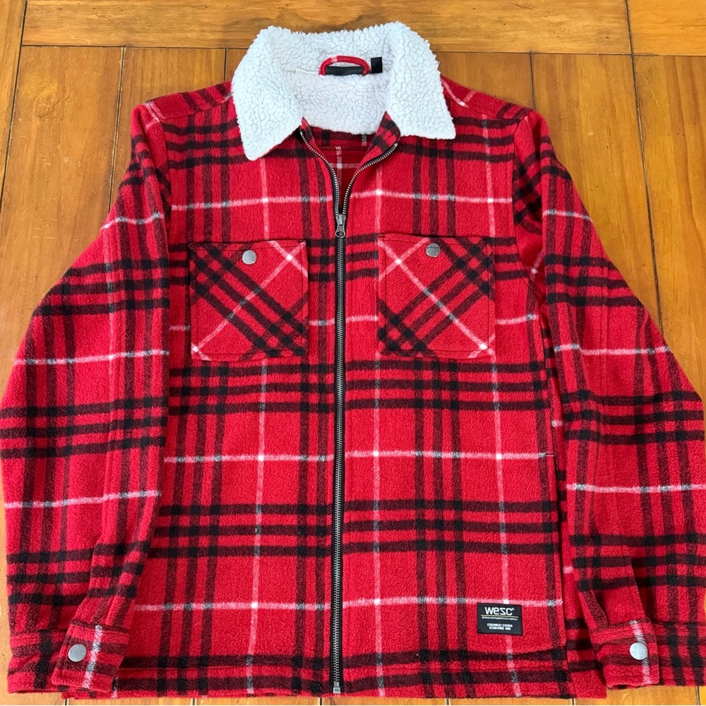 Wesc Liam Red Plaid Sherpa Flannel Shirt Jacket Shacket Unisex Sz Large/XL